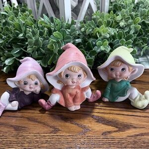 Homco Pixie Elves Garden‎ Fairies Tulip Hat Whimsical Ceramic Figurines Set of 3